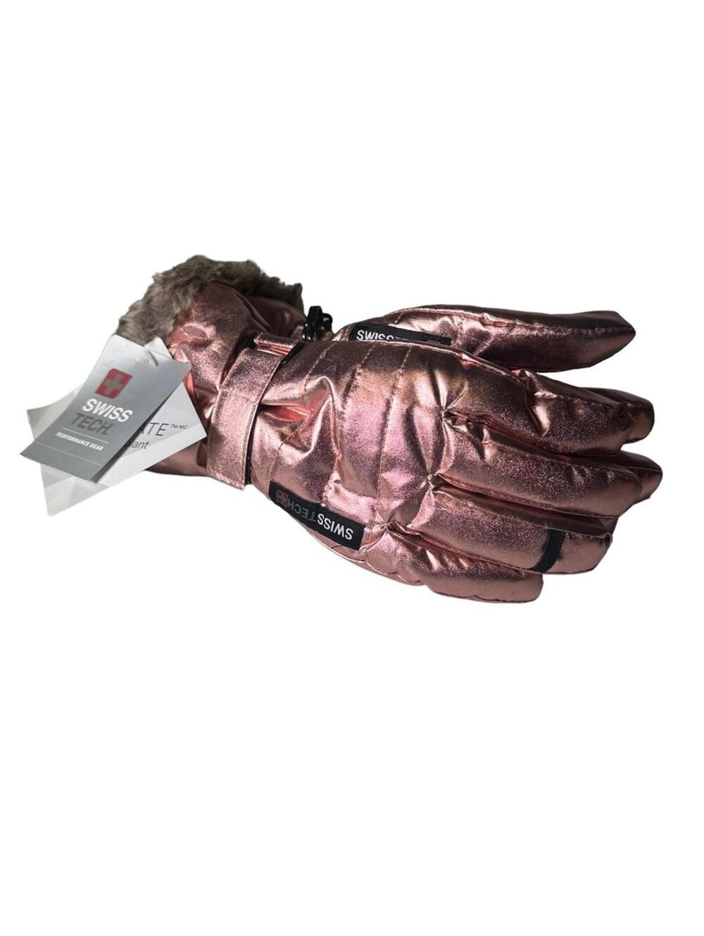 Rose Gold Winter Gloves Faux Fur Swiss Tech Metallic L-XL Girls NWT